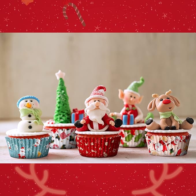 CHENGU 600 Pieces Christmas Cupcake Wrappers, Candy Santa Claus Cupcake Liners Snowman Xmas Colorful Paper Baking Cups for Cake Make Baking Supplies, 6 Styles(Classic Styles)