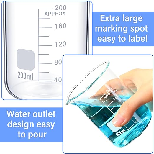 12 Pcs 200 ml Glass Lab Beaker 3.3 Borosilicate Glass Measuring Cup with Spout Low Form Glassware for Laboratories Classrooms or Home Use