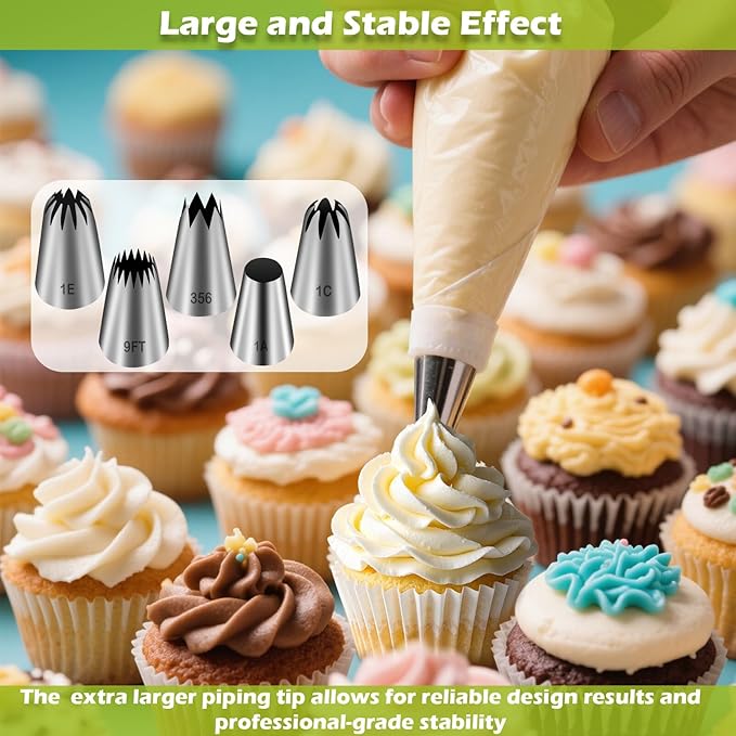 FANTEXY Large Piping Tips Set,5 Pieces Stainless Steel Pastry Cake Decorating Tips, Cupcake Frosting Piping Kit for Buttercream,Cookie (1A, 356, 1C, 1E, 9FT)