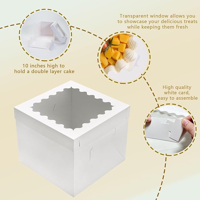 8pcs Cake Boxes 12 Inch,12x12x10in Tall Cake Boxes with Window,10in 12in White Bakery Boxes with Lids,Large Baking Boxes,Square Bakery Boxes for Multi-Layer Cakes