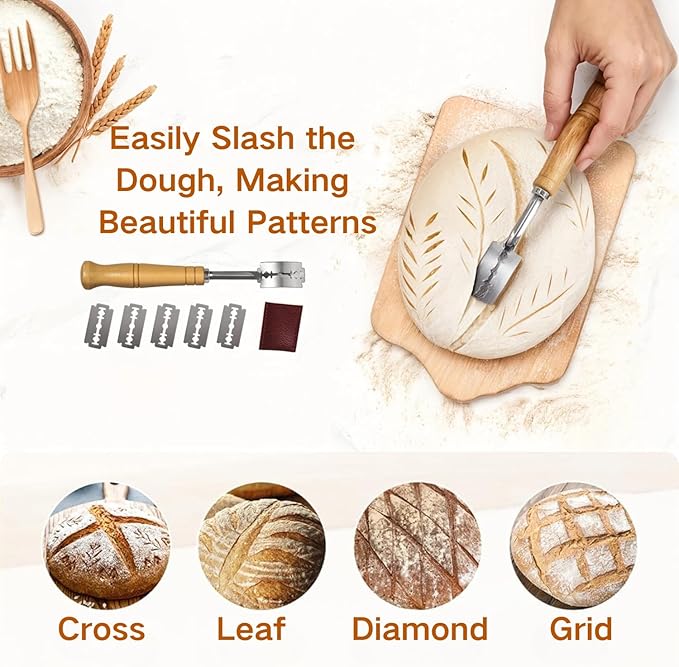 Basic Multi-Purpose Stainless Steel Scraper/Pizza Cutter/Spice Cutter/Premium Bread Knife/Dough Scoring Knife/Baking Accessories/Wooden Handle Contour Handle, 6 Inch, Natural Wood Color