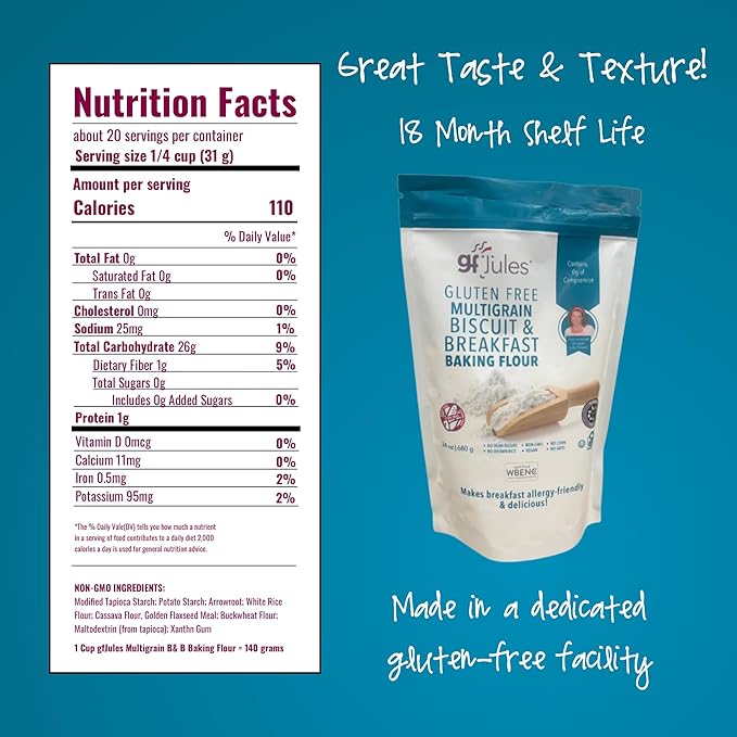 gfJules Certified Gluten Free Multigrain Biscuit & Breakfast Baking Flour | No Grit, Non-GMO, Vegan | Certified Top 9 Allergen-Free & Kosher | Corn-Free | 24 Ounces