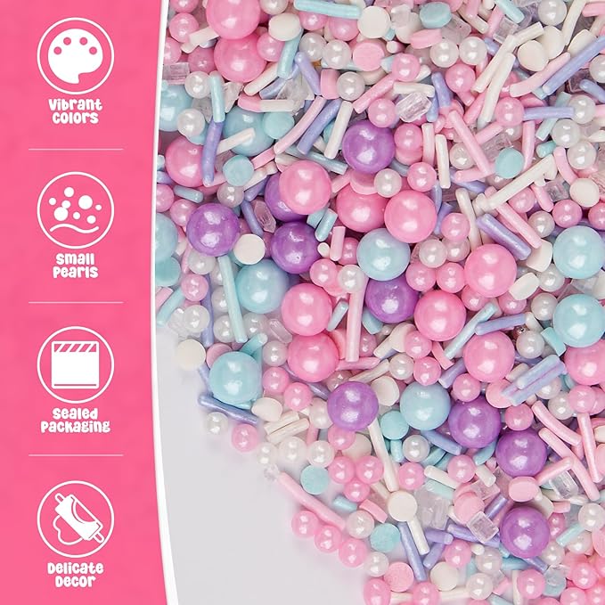 Sprinkles for Cake Decorating, 5.3Oz Pink Purple Blue and White Pearl Confetti Jimmies Sprinkles Mix Pastel Sprinkles for Cake Ice Cream Cupcakes Baking Topping