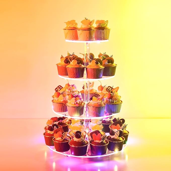 Cupcake Stand, 4-Tier Round Cupcake Holder with LED light String, Acrylic Cupcake Tower Display-Dessert Tower-Pastry Stand-Cupcake Tier Stand for Wedding, Birthday party ( Colorful Light)