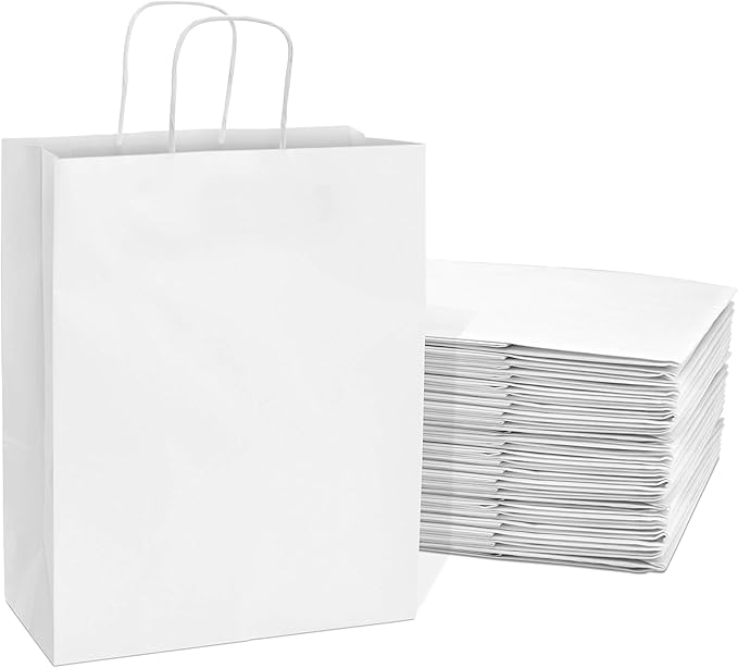 Prime Line Packaging White Gift Bags, Shopping Gift Bags Medium with Handles for Small Business, Boutiques, Retail, Merchandise, Party Favors, Bulk 10x5x13, 25 Pack