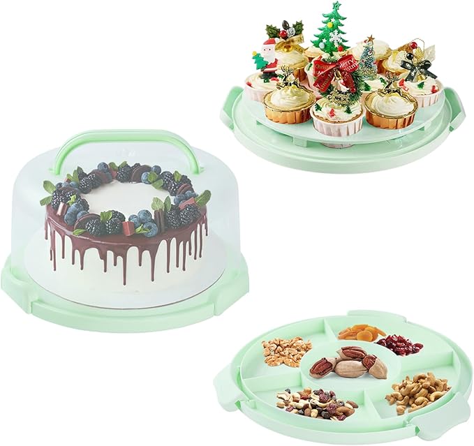 Cake Carrier, Carrier Cupcake Holder with Cake Turntable, Cake Carrier with Lid and Handle(Green)