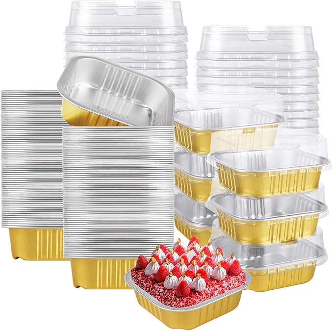 100 PCS Mini Cake Pans With Lids Mini Square Cake Pans with Lids Aluminum Foil Square Baking Cups Brownie Baking Cups Disposable Ramekins Cupcake Cups for Wedding Birthday Party, Gold