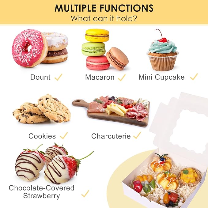 Moretoes 30pcs Bakery Boxes, 8x8x2.5 Cookie Boxes with Window, White Treat Containers for Donuts, Chocolate Strawberries, Pie