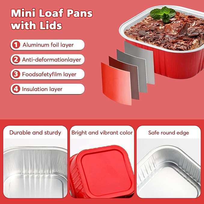 Ruckae 10oz100 Pcs Square Mini Loaf Pans with Lids-Disposable Foil Dessert Containers,Mini Cake Pans with Lids,Aluminum Dessert Cups for Parties and Weddings (Red, 10oz)