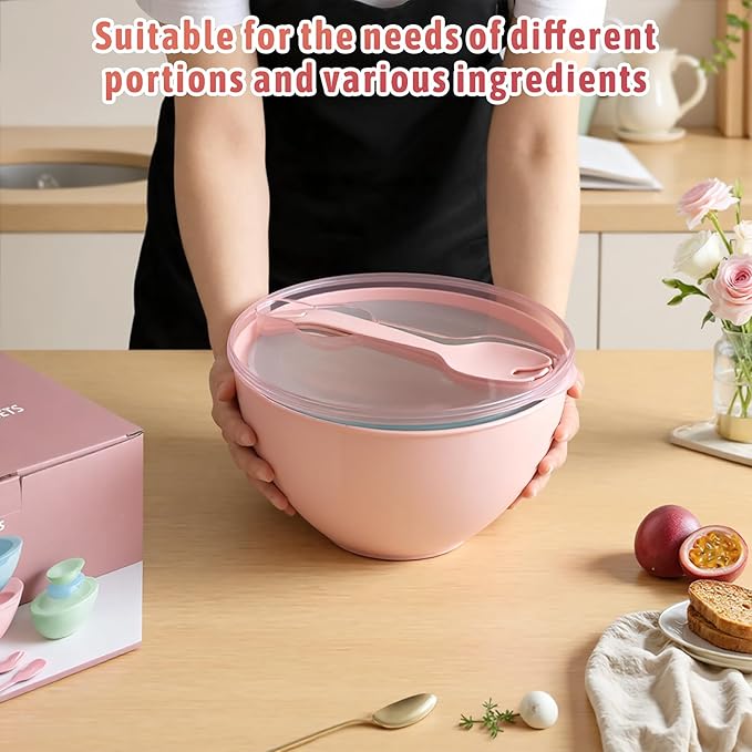 8 Piece Plastic Mixing Bowls with Lids Set - Microwave Safe Kitchen Plastic Bowls for Preparing, Serving and Storing - Dishwasher Safe Large Nesting Mxing Bowl Set Bowls with Mixing Spoon and Fork
