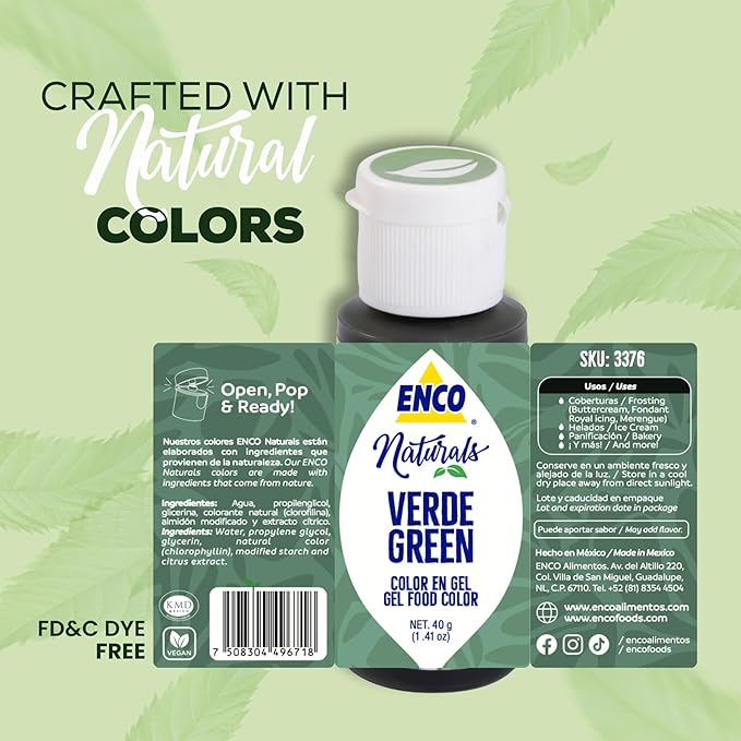 ENCO Natural Food Coloring Gel Green 1.41 oz - No artifitial dyes - Vibrant colors for Icing, Buttercream, Fondant - Vegan & Kosher