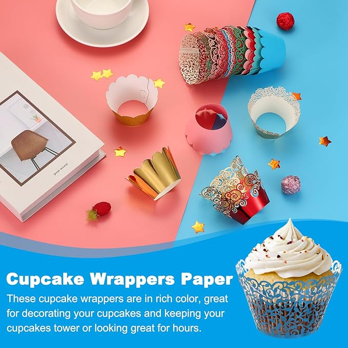 PATIKIL Cupcake Wrappers Paper, 50 Pack Baking Cups Standard Vine Decoration for Anniversary Birthday Weddings and Parties, Reflective Blue