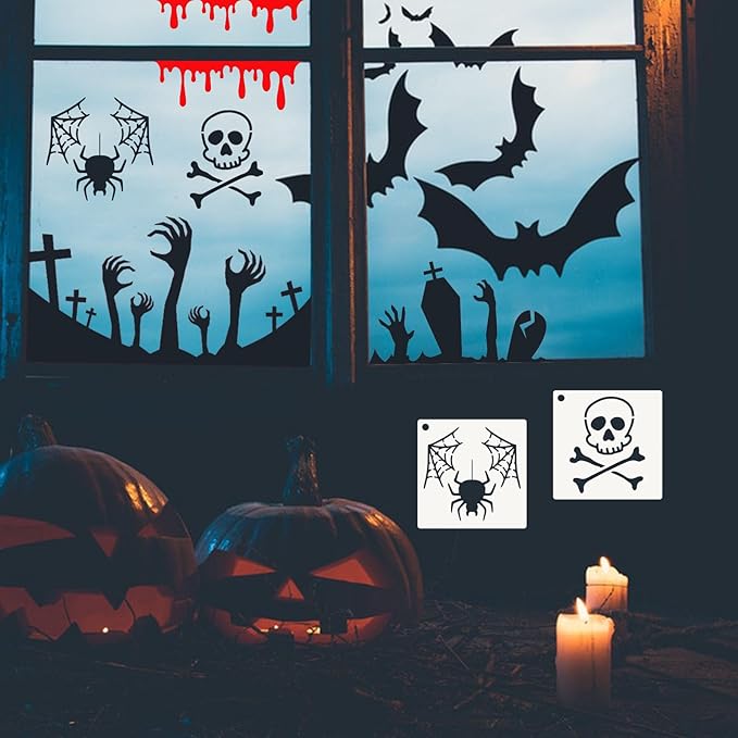 80 Pcs 3 x 3 Inch Halloween Stencils for Painting on Wood, Reusable Happy Pumpkin Spider Web Stencil DIY Ornaments Ghost Paint Template Set for Wall Door Home Decor