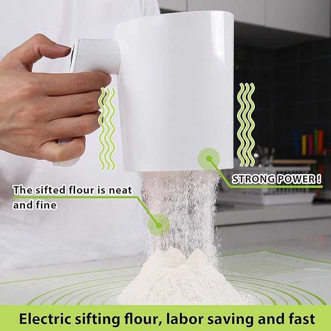 Battery Operated Flour Sifter Electric Hand-held Flour Sieve with Dough Scraper Kitchen Baking Tool Powder Filter Food-grade Plastic Body and SS430 Filter Mesh, 4 Cup/1L Capacity, White