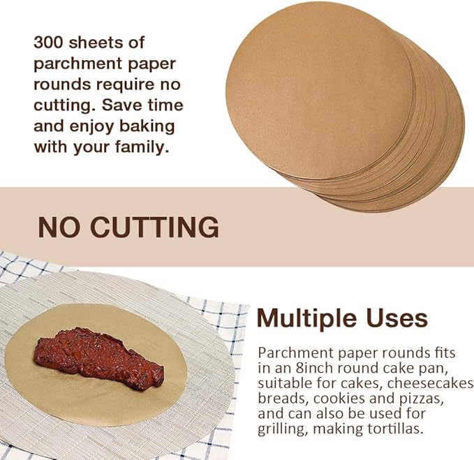 300 Pcs 8 Inch Round Parchment Paper, Round Parchment Paper for Baking, Round Parchment Liners for Tortillas, Cake Pan
