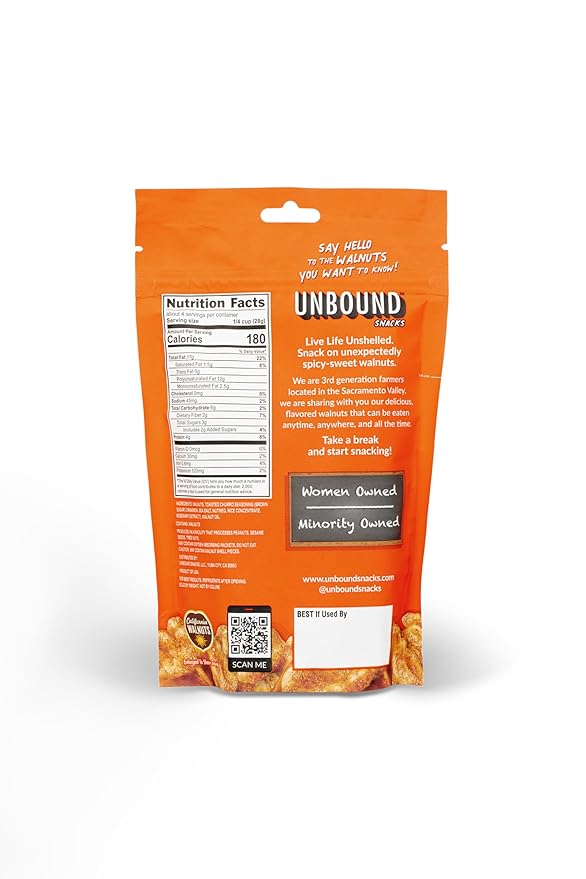 Unbound Snacks Flavored Nuts - Toasted Churro Walnuts, 4 oz (Pack of 4) - Healthy Snacks, 4g Protein, 3g Sugar, High in Omega 3, Gluten Free, Vegan - Freshly Roasted & Seasoned Gourmet Walnut Halves