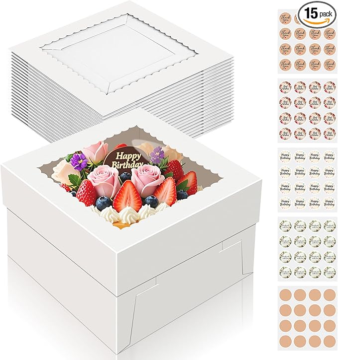 15 PCS Cake Boxes 8 Inch, 8x8x5 Inch Cake Box, 8 Inch Cake Box with Window, White Bakery Boxes, Large Baking Boxes, Cajas Para Pasteles, 8x8 Cake Boxes for Birthday, Wedding, Party, Business
