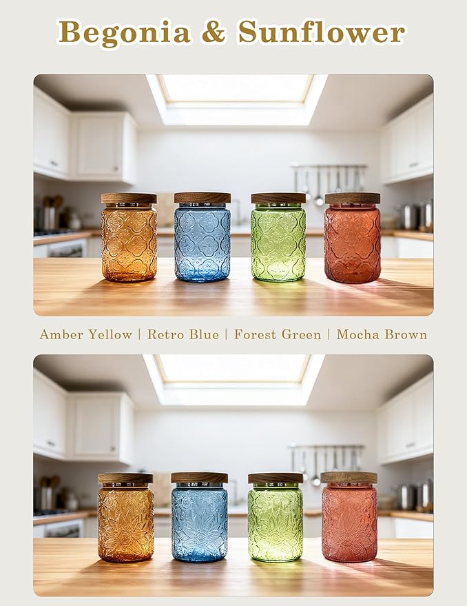 Glass Jar with Airtight Wood Lid – 24 OZ Kitchen Pantry Bathroom Storage Canister, Decorative Vintage Container for Candy, Salt, Coffee, Cookie, Cereal, Nuts, Oats, Flour, Sugar, Tea, Blue Begonia