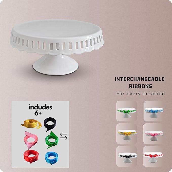 CERAMIC Cake stand,( 8 inch small cake stand ) cake pedestal stand with ribbons, cake stands for party or birthday, white cake platter - cake display stand for wedding reception, pie stand