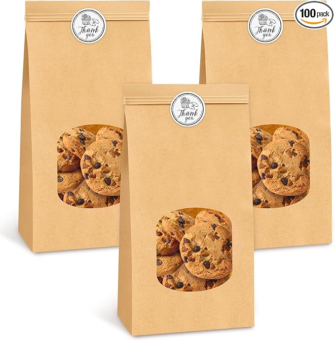 Ocmoiy 100Pcs Medium Bakery Cookie Bags with Window, 4.5x2.36x9.6 Inch Tin Tie Tab Lock Kraft Paper Bags with Thank You Stickers for Cookie, Coffee, Bread