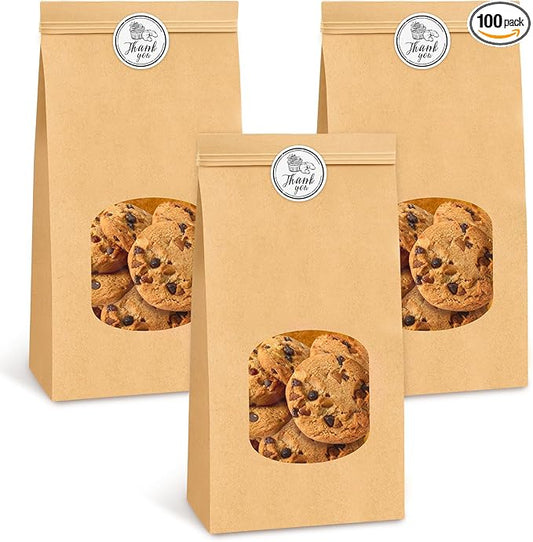 Ocmoiy 100Pcs Medium Bakery Cookie Bags with Window, 4.5x2.36x9.6 Inch Tin Tie Tab Lock Kraft Paper Bags with Thank You Stickers for Cookie, Coffee, Bread