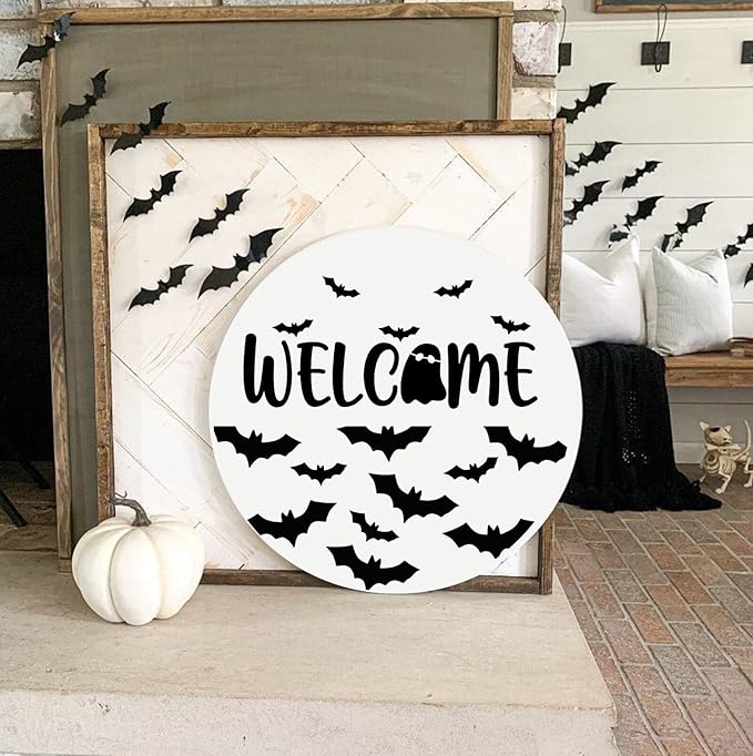 Halloween Stencils for Painting on Wood 12” Halloween Stencil Hey Boo Ghost Face Pumpkin Bats Spider Templates for Door Hanger Porch Sign Doormat