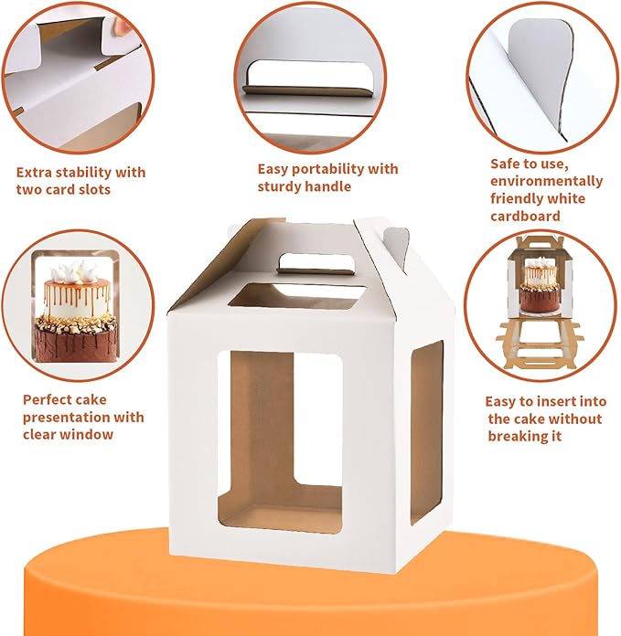 Tall Cake Boxes 6 Windows with handle, In 2 Size 10x10x10&12x12x12inch Cake Boxes for 12" & 14" Tiered Cakes,Square Cake Carrier,largeTake Out Transport Containers(2Pcs-White)