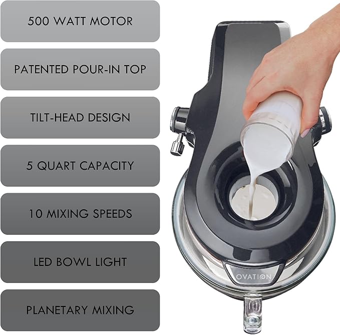 Kenmore 500W Oviation Stand Mixer - 10 Speed Mixing, Tilt-Head, 5QT Handheld Glass Bowl With Pouring Top Splash Guard, Flat Beater, Whisk, Dough Hook Attachments Countertop Kitchen Appliance, Grey