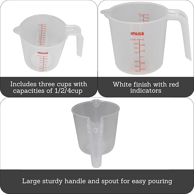 IMUSA Plastic Measuring Cups Set of 3/1,2 & 4 Cup with Easy Pour Spout & Red Indicators, Nesting Liquid and Dry Measuring Cups for Cooking & Baking