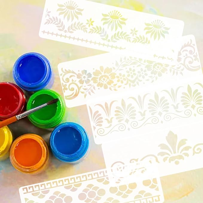 12 Pcs Border Stencils for Painting Mandala Flower Stencil Template Retro Reusable Furniture Cake Decorative Stencils Border for Wood DIY Craft Canvas Fabric