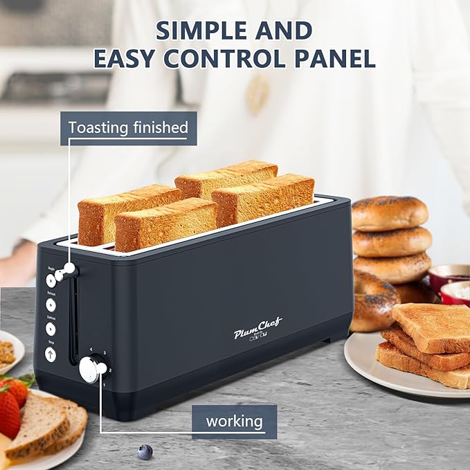 4-Slice Toaster, Extra Wide Long Slot Toaster, 6 Browning Settings, Bagel/Defrost/Reheat Functions, Removable Crumb Tray, Stainless Steel Housing (Matte Black)
