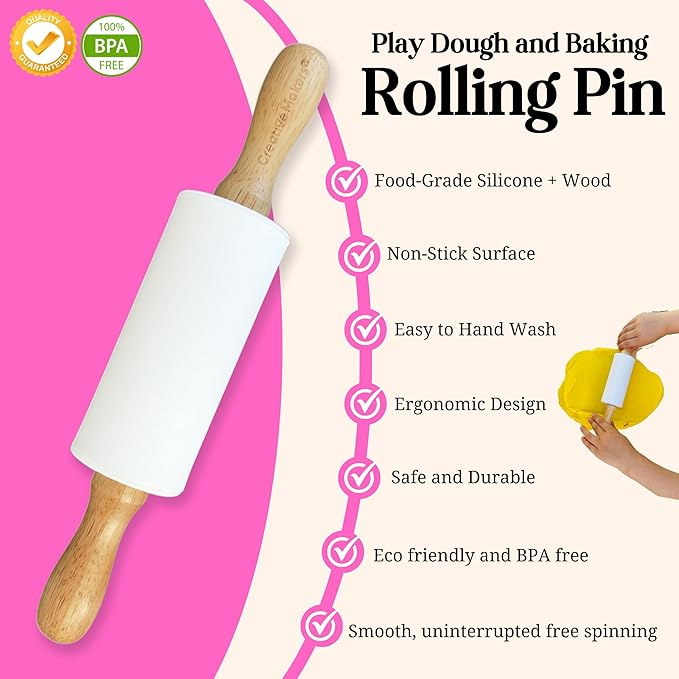 Small Rolling Pin for Kids, Non-Stick Silicone Surface with Wooden Handles for Play Dough and Baking Rolling Pin (9in, White)
