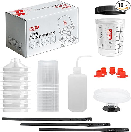 Disposable Paint Cups for Spray Gun,Mixing Cups 12 Ounce (350ml) Kit with 10 Cups and Lids with Strainer System for HVLP&LVLP,1 Hard Cup with Retainer Ring,5 Plugs,1 Caps,1 Wash Bottle