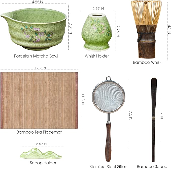 7-Piece Matcha Set, Ceramic Matcha Bowl, Bamboo Whisk (Chasen), Whisk Holder, Sifter, Tea Scoop & Scoop Rest, Special Bamboo Tea Mat, Harmonious Color Matcha Making Kit, Green
