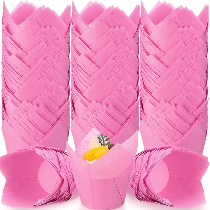 600 Pcs Tulip Cupcake Liners for Baking Muffin Liners Printed Baking Cups Holders Greaseproof Wrappers Decoration for Cupcake Bouquet Birthday Party Wedding Bride Shower (Hot Pink)