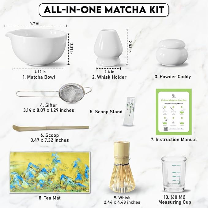 10 Pcs Matcha Kit Set, Ceramic Matcha Set Includes 17oz Matcha Bowl, Bamboo Whisk and Scoop, Whisk Holder, Sifter, Scoop holder, Measuring Cup, Powder Caddy, Tea Towel and Instruction Manual (White)