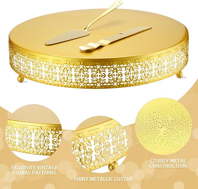 Wenqik Gold Cake Stand, 14 Inch Metal Round Cupcake Dessert Stand with Cake Knife and Server Wedding Cupcake Display Holder Cookies Serving Tray for Wedding Birthday Baby Shower Party