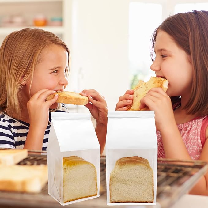 25Pcs 5.1x4.3x11 Inche Extra Thick Paper Bread Bags for Homemade with Window & Twist Tie - Ideal for Sourdough Bread, Bakery, Baked Goods, Pastry & Cookie Packaging, White Kraft, Flat Bottom