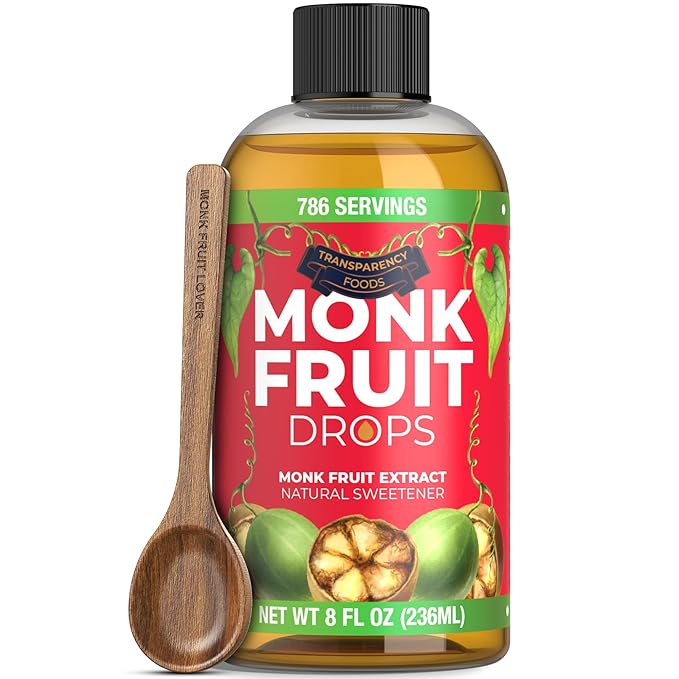 100% Pure Monk Fruit Extract (6 Drops = 1 Tsp of Sugar) Zero Calories, Non-GMO, No Fillers - Liquid Monk Fruit Sweetener No Erythritol by Transparency Foods NEW FORMULA (8oz, 786 servings)