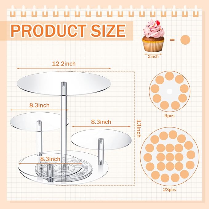 Tiered Cupcake Display Stand Rotatable Cake and Cupcake Tower Stand Combo Clear Acrylic Cake Holder with Tiered Tray for Dessert Pastry Birthday Wedding Party Table(4 Tire and Round)
