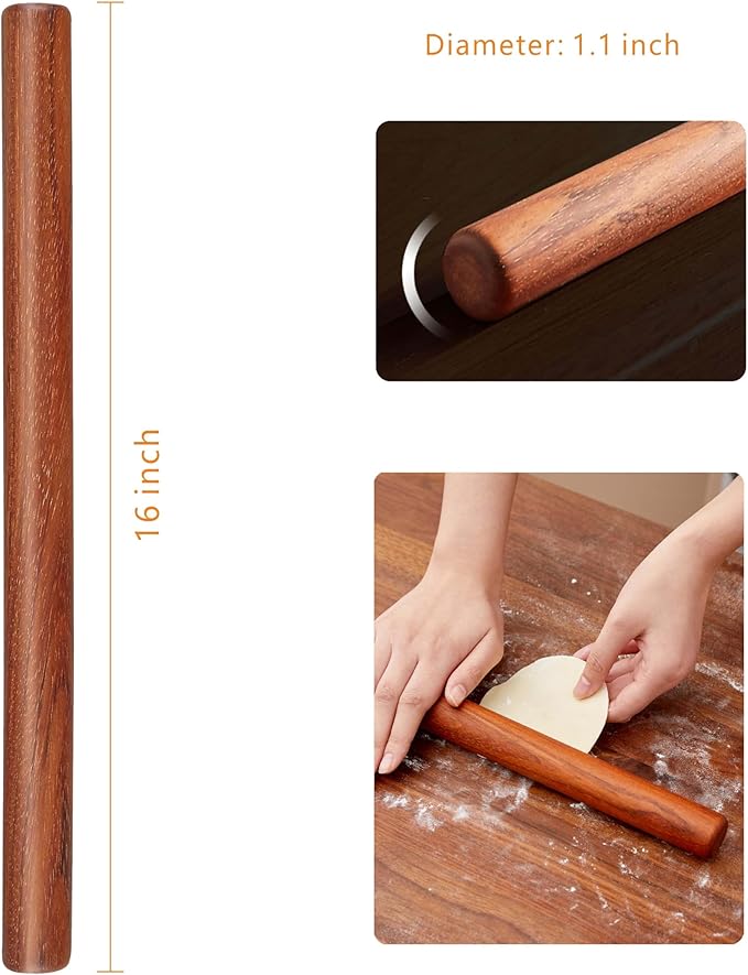 Wood Rolling Pins for Baking- Fulimax 16" Classic Wooden Rolling Pin for Dough, Rodillo Para Masa for Fondant Pizza Pie Crust Cookie Pastry Pasta, Baking Essentials, Rosewood
