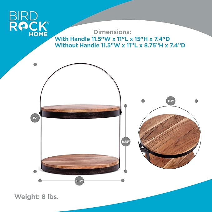BIRDROCK HOME 2-Tier Cupcake and Cake Stand with Handle - Rustic Wood & Iron Dessert Serving Tray - Farmhouse Style Table Display for Cookies, Appetizers, and Treats - Round, Modern, Decorative