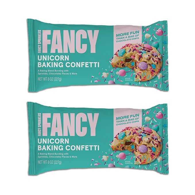 Fancy Sprinkles Unicorn Baking Confetti Sprinkles and Chocolate Pieces, Crunchy Jimmies, Chocolate Gems, Candy-Coated Chocolatey Morsels, Star Confetti Pieces, And White Morsels 8 oz Bag (2 Pack)