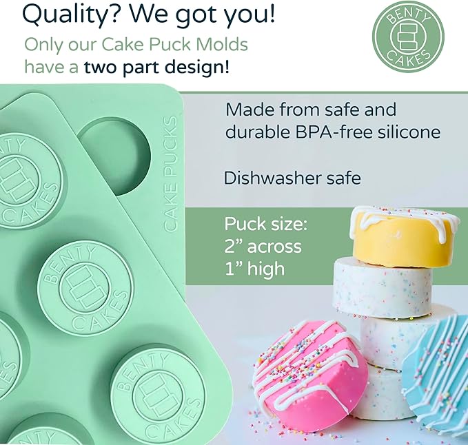 Benty Cakes – The Original CakePuck Mold Set – Better than a Cake Pop! Make Chocolate Covered Desserts – BPA Free Silicone – Includes 1 Mold Set, 1 Plastic Tray and 1 Scraper – Green