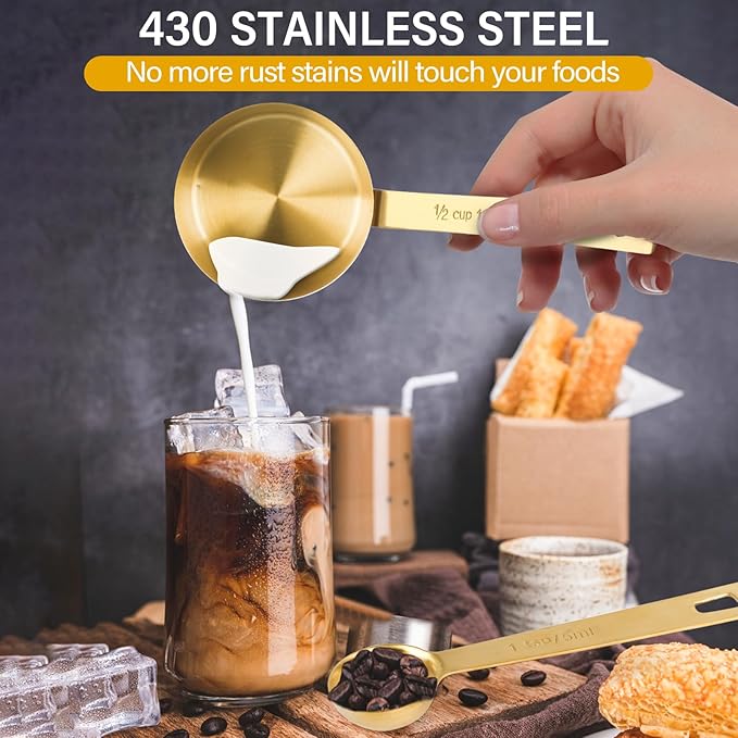 Stainless Steel Measuring Cups & Spoons Set, 8 Piece Stackable Accurate Tablespoon, Kitchen Gadgets for Cooking & Baking, Large, Golden
