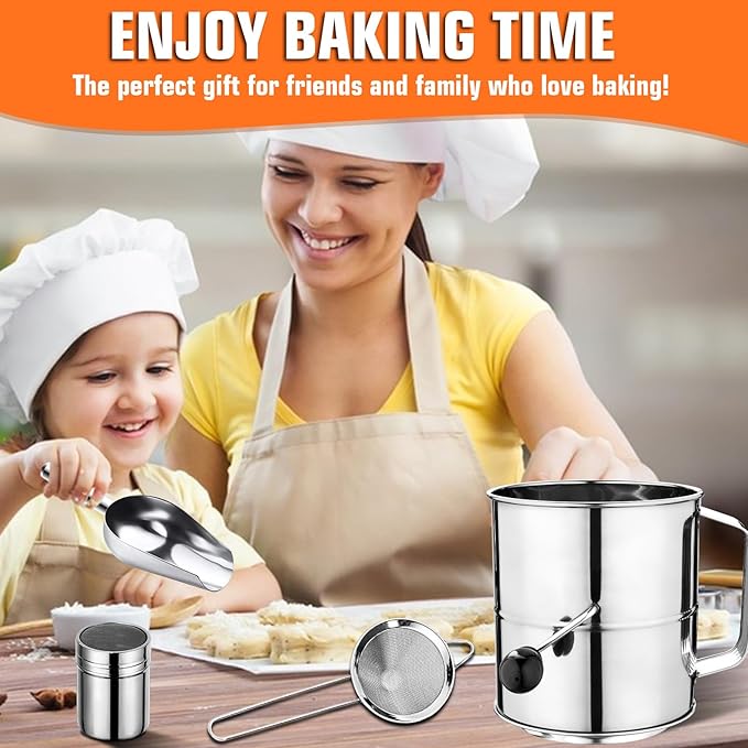 Flour Sifter, 8 Cup Stainless Steel Flour Sifters, 4 in 1 Baking Sifter Set with Powder Sugar Shaker Duster, Strainers Fine Mesh and Metal Scoop for Baking Cake, Pastries, Pies, Cupcakes, Desserts