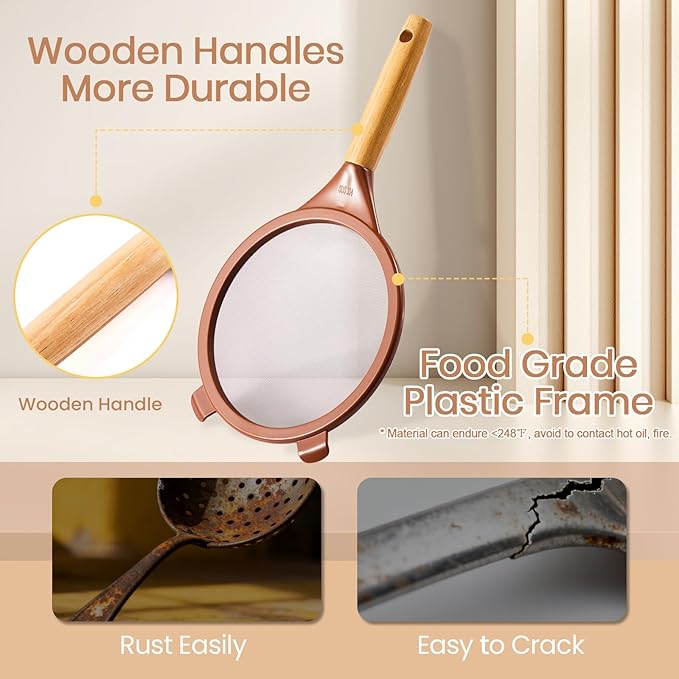 Wood Handle Strainers Fine Mesh Set, 3 Pcs Stainless Steel Sifter for Baking, Plastic Colorful Mesh Strainer with Handle for Juice, Flour, Rice, Tea Straining- 3 Sizes