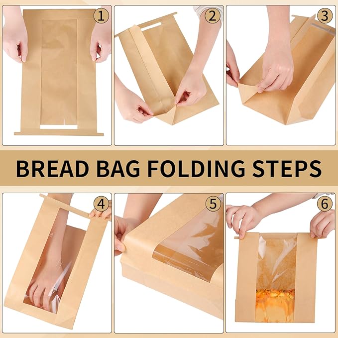 60 Pack Brown Paper Bread Bags, 14" x 8.3" x 3.5", Disposable, Tin Strap Buckle Lock, Clear Front Window, Label Seal Stickers, Suitable for Bread, Cookies, Treats