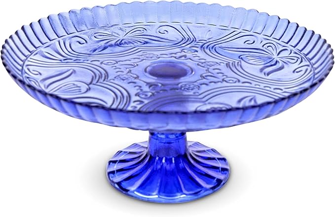 Amici Home Flower Footed Glass Cake Stand | Round Vintage Style Cake Plate | Serving Platter for Cupcakes, Cookies | Dessert Display Stand for Parties, Weddings, and Gift | 10” D x 4” H (Cobalt)