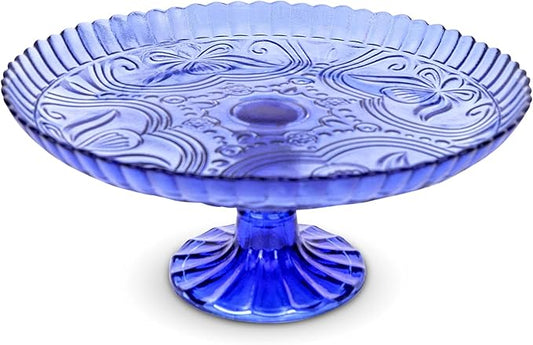Amici Home Flower Footed Glass Cake Stand | Round Vintage Style Cake Plate | Serving Platter for Cupcakes, Cookies | Dessert Display Stand for Parties, Weddings, and Gift | 10” D x 4” H (Cobalt)